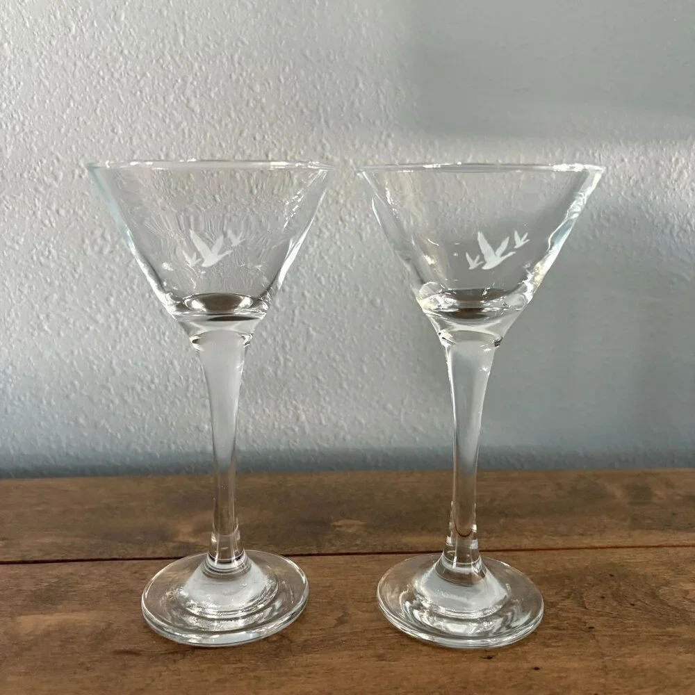 Grey Goose Vodka Martini Glass Set of 2 Glasses Etched Logo Stemmed‎ 6.75 In